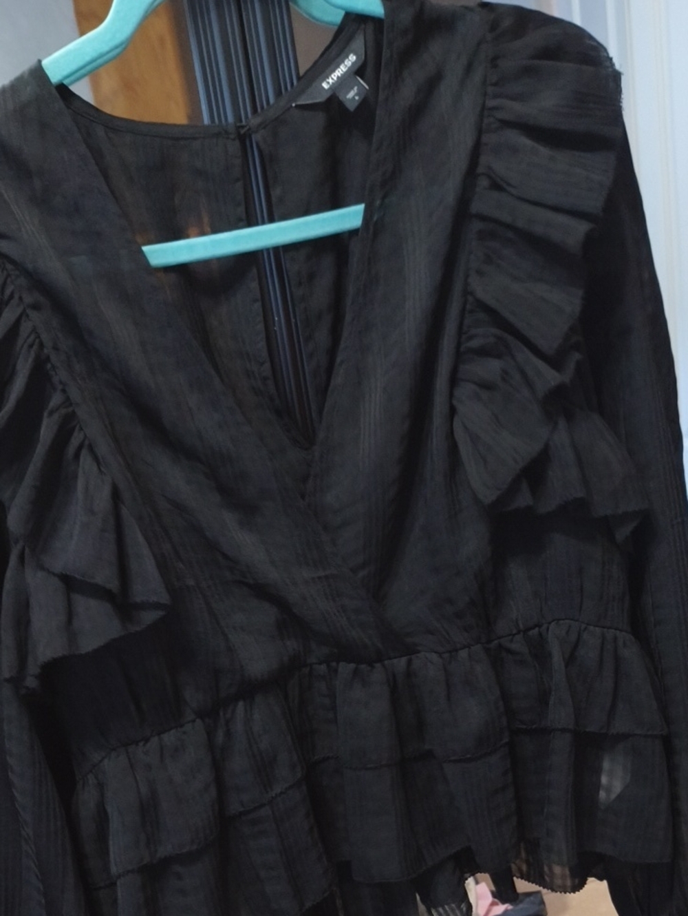 Express Black Long-Sleeve Ruffle V-Neck Dress